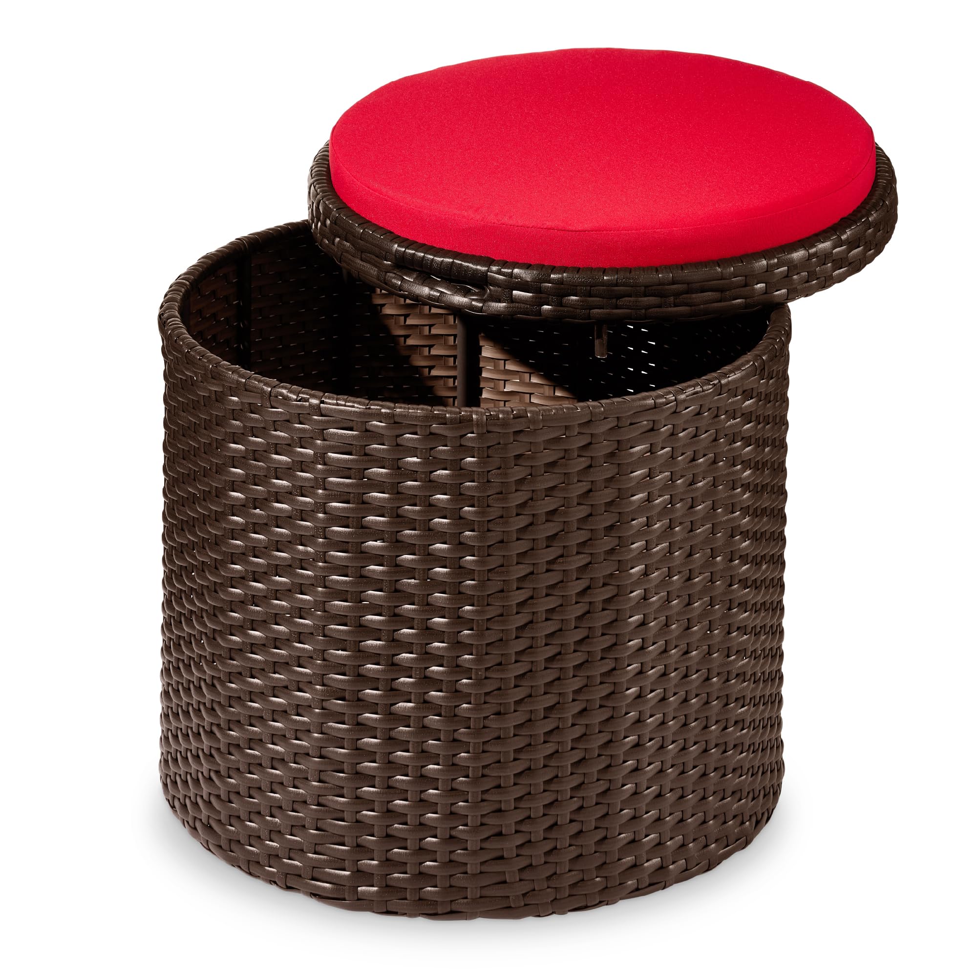 Best Choice Products Round Wicker Ottoman, Multipurpose Outdoor Furniture for Patio, Backyard, Additional Seating, Footrest, Side Table w/Storage, Removable Cushions – Brown/Beige