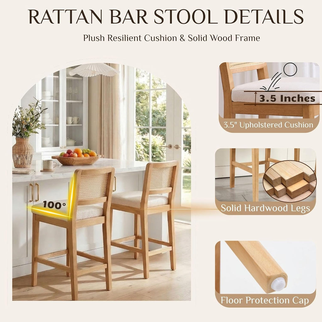 Wahson Counter Height Bar Stools Set of 4, Farmhouse Rattan Bar Stool with Back, Upholstered Wooden Barstools Mid Century Modern Breakfast Bar Chairs for Kitchen Island, Chenille Beige