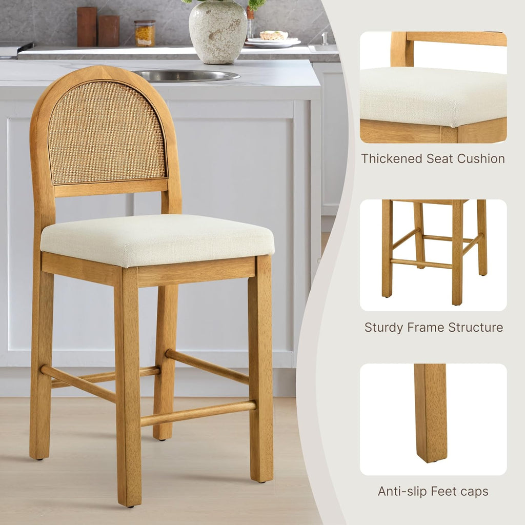 Rattan Counter Height Bar Stools Set of 3, Upholstered Farmhouse Barstools with Natural Rattan Back, Wooden Legs for Kitchen Island, Walnut/Linen