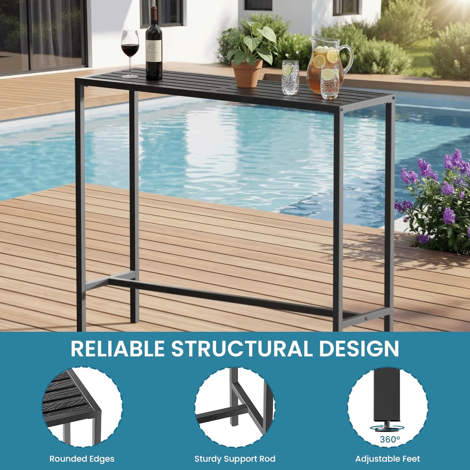 Outdoor Bar Table, 45in Bar Height Table, Black Metal Frame with Weatherproof Top, HDPE Outdoor Furniture for Patio, Hot Tub, Party, Balcony, Indoor