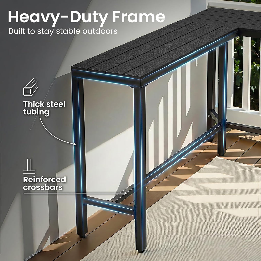 Crestlive Products Outdoor Bar Table, L-Shaped 55'' All-Weather Metal Frame with Slatted Tabletop, Patio Pub Counter Height High Top Table for Balcony, Backyard, Bistro, Garden, and Poolside, Black