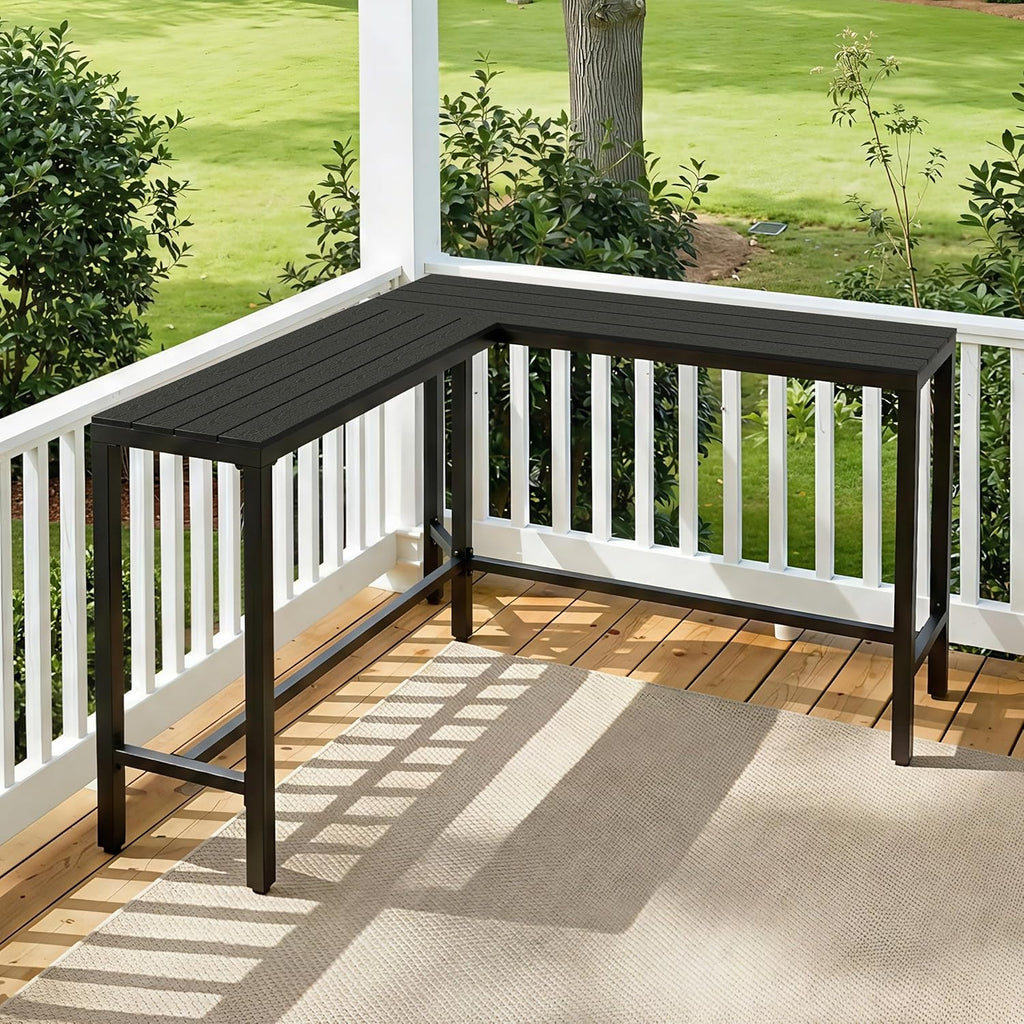 Crestlive Products Outdoor Bar Table, L-Shaped 55'' All-Weather Metal Frame with Slatted Tabletop, Patio Pub Counter Height High Top Table for Balcony, Backyard, Bistro, Garden, and Poolside, Black