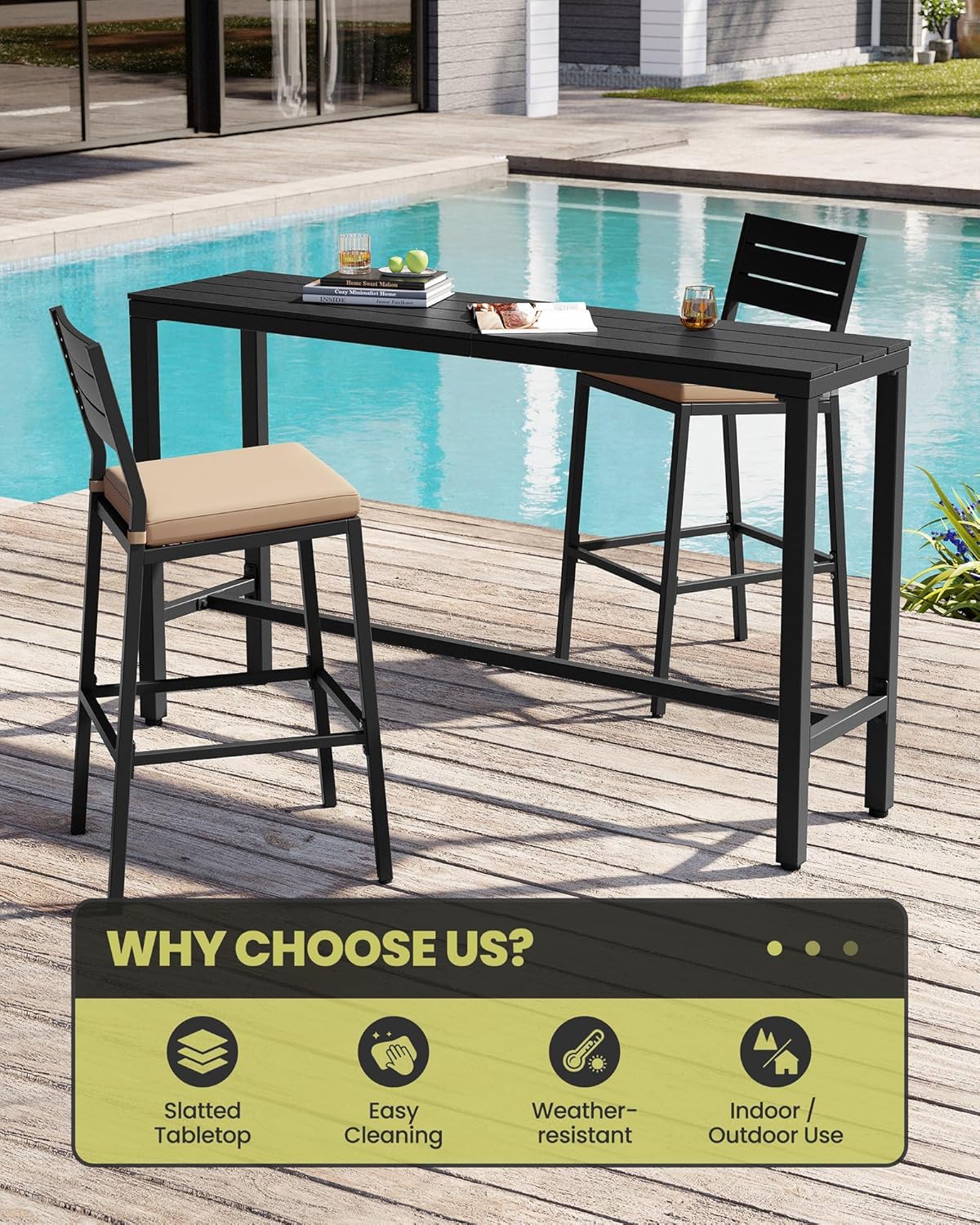 Crestlive Products Outdoor Bar Table, 63'' Rectangle Patio Counter Height Table High Pub Table with Waterproof Top and Sturdy Metal Frame for Balcony, Bistro, Garden, Backyard, Hot Tub (Black)