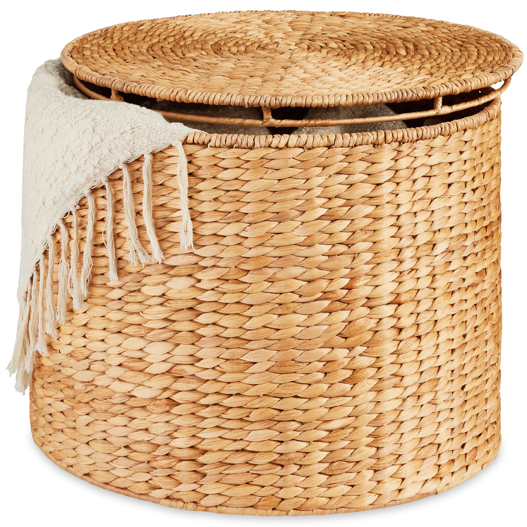Best Choice Products Large Round Storage Ottoman W/Lid, Handwoven Water Hyacinth Footstool, Accent Stool, Side Table, Storage Container, Plant Stand For Living Room, Office, or Bedroom - Natural