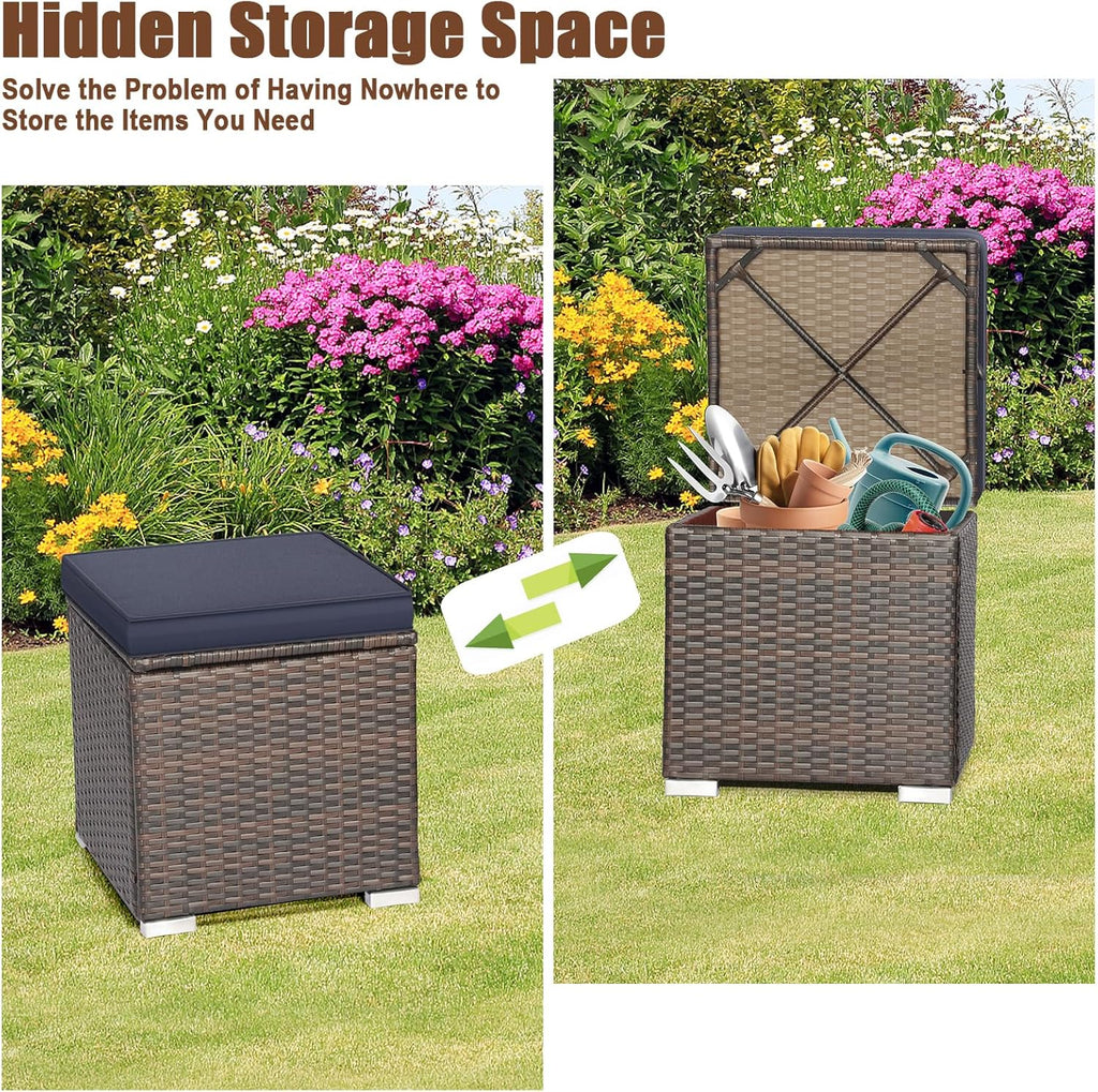 RELAX4LIFE Wicker Outdoor Storage Ottoman, 2-Piece Rattan Footstool w/Removable Cushion, Multipurpose Footrest Stool Side Table Additional Seating, Set of 2 Outdoor Ottomans for Patio Deck (Navy)