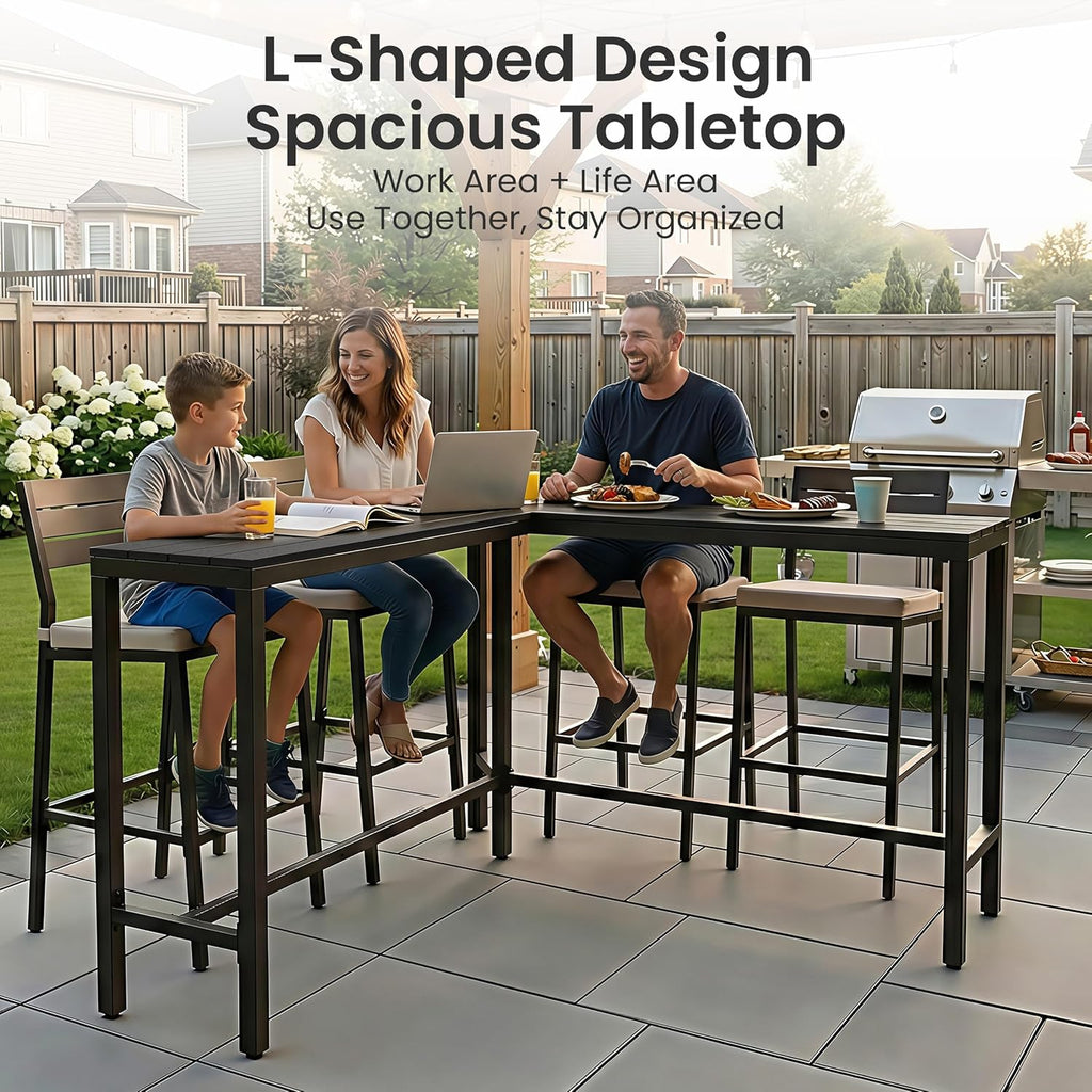 Crestlive Products Outdoor Bar Table, L-Shaped 55'' All-Weather Metal Frame with Slatted Tabletop, Patio Pub Counter Height High Top Table for Balcony, Backyard, Bistro, Garden, and Poolside, Black