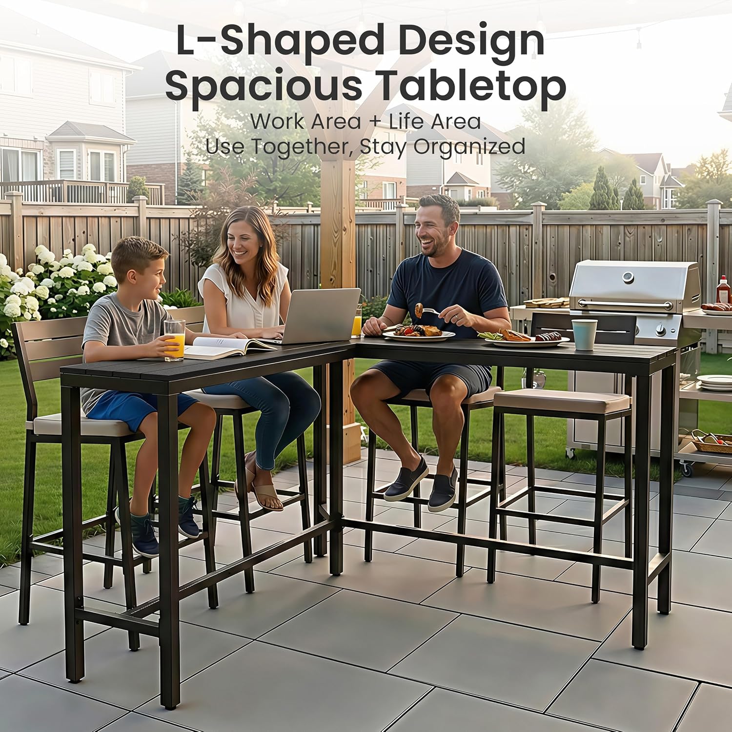 Crestlive Products Outdoor Bar Table, L-Shaped 55'' All-Weather Metal Frame with Slatted Tabletop, Patio Pub Counter Height High Top Table for Balcony, Backyard, Bistro, Garden, and Poolside, Black