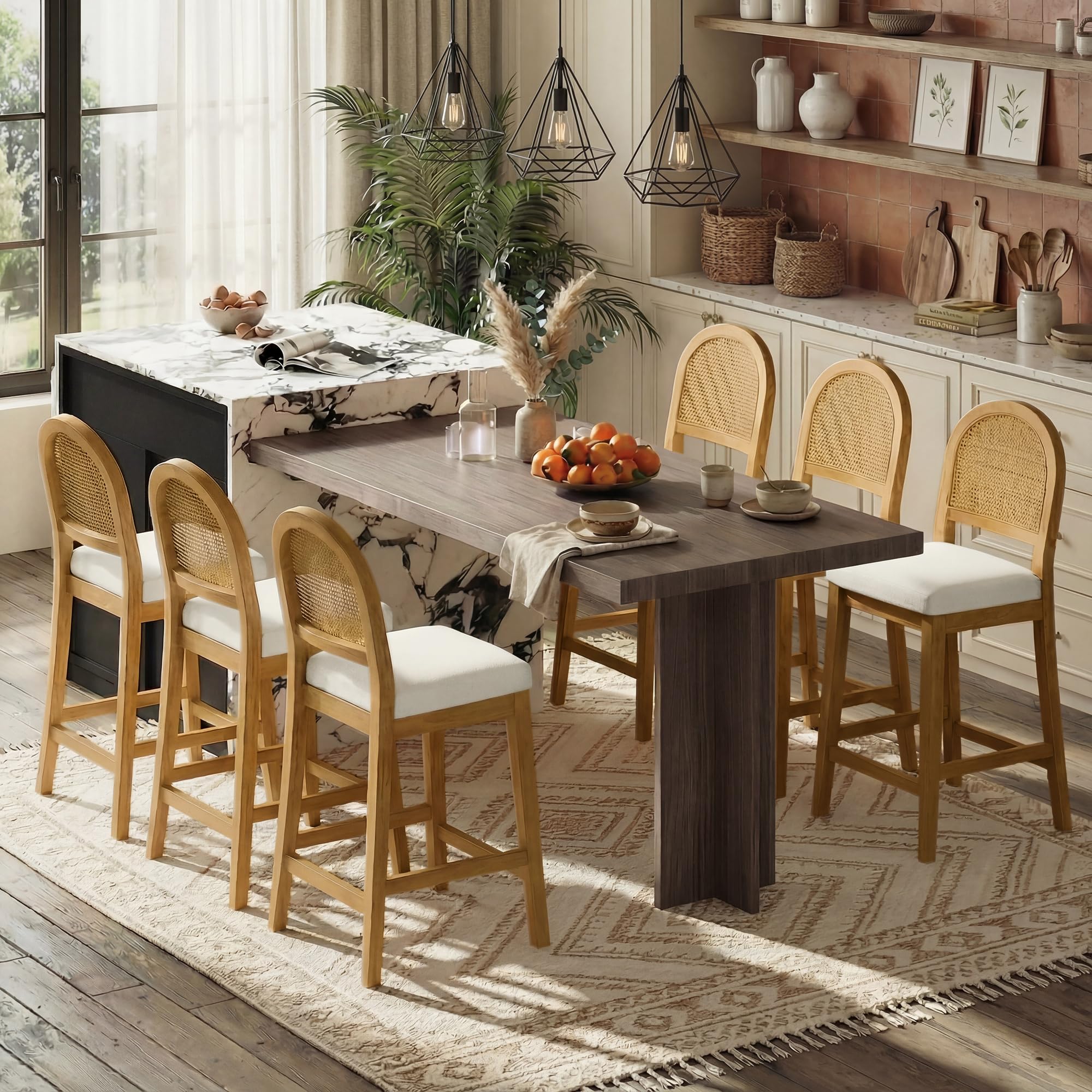 Rattan Counter Height Bar Stools Set of 3, Upholstered Farmhouse Barstools with Natural Rattan Back, Wooden Legs for Kitchen Island, Walnut/Linen