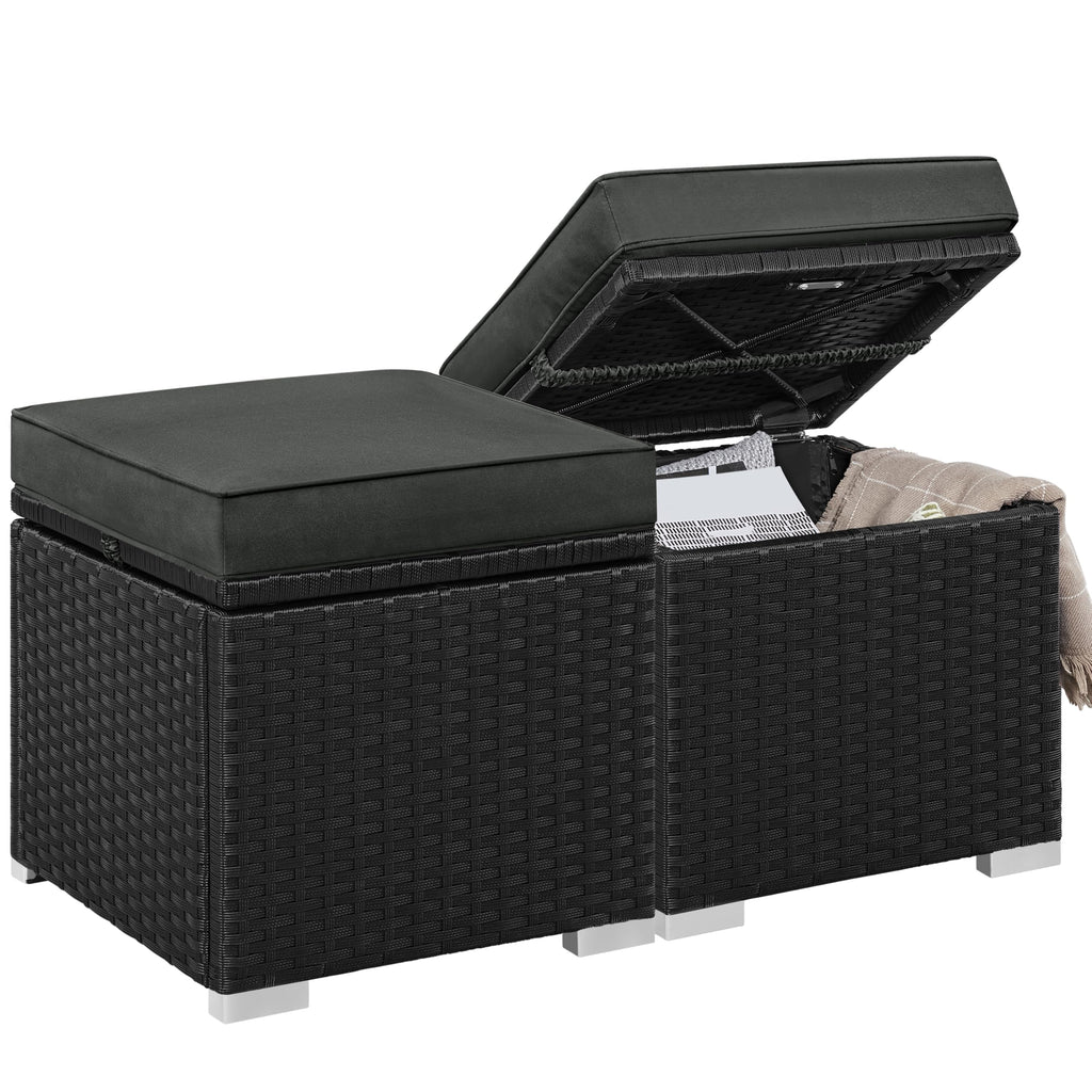 Yaheetech Wicker Ottomans, Set of 2 Patio PE Rattan Side Tables with Hidden Storage & Removable Cushion, Outdoor/Indoor Footstools, Additional Seating for Garden/Balcony/Yard, Black/Gray